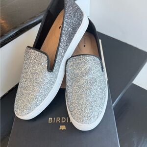 Birdies The Swift Crushed Chrome Sparkling Silver Slip-Ons *never worn*
